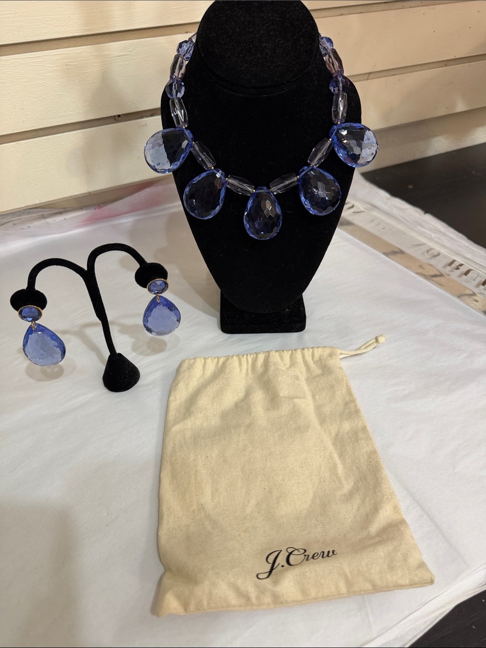 J. Crew Blue Faceted Teardrop Crystal Necklace with Matching Earrings